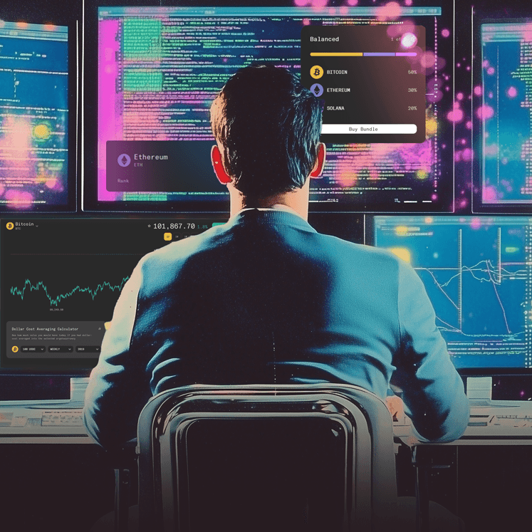 Trader analyzing cryptocurrency market data through advanced TradingView charts displaying Bitcoin, Ethereum, and Solana metrics. Features neon-lit UI elements, retro sunset backdrop, and multiple digital displays showing real-time market data in a cyberpunk aesthetic. Silhouettes of traders seated at workstations examining multiple trading screens with technical analysis charts. Trader analyzing cryptocurrency market data through advanced TradingView charts displaying Bitcoin, Ethereum, and Solana metrics. Features neon-lit UI elements, retro sunset backdrop, and multiple digital displays showing real-time market data in a cyberpunk aesthetic. Silhouettes of traders seated at workstations examining multiple trading screens with technical analysis charts.